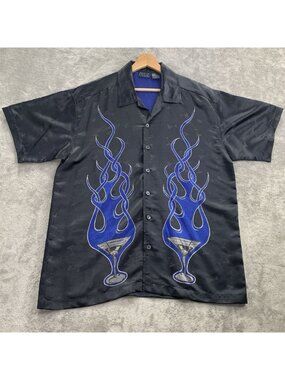 MT:2 Shirt Mens Large Flaming Martini Button Up Black Rayon Blend Vintage Y2K